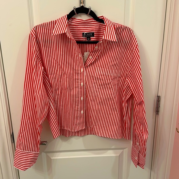 NWT J. Crew cropped long sleeve button up shirt in red Bartram stripe size 12 - Picture 1 of 7